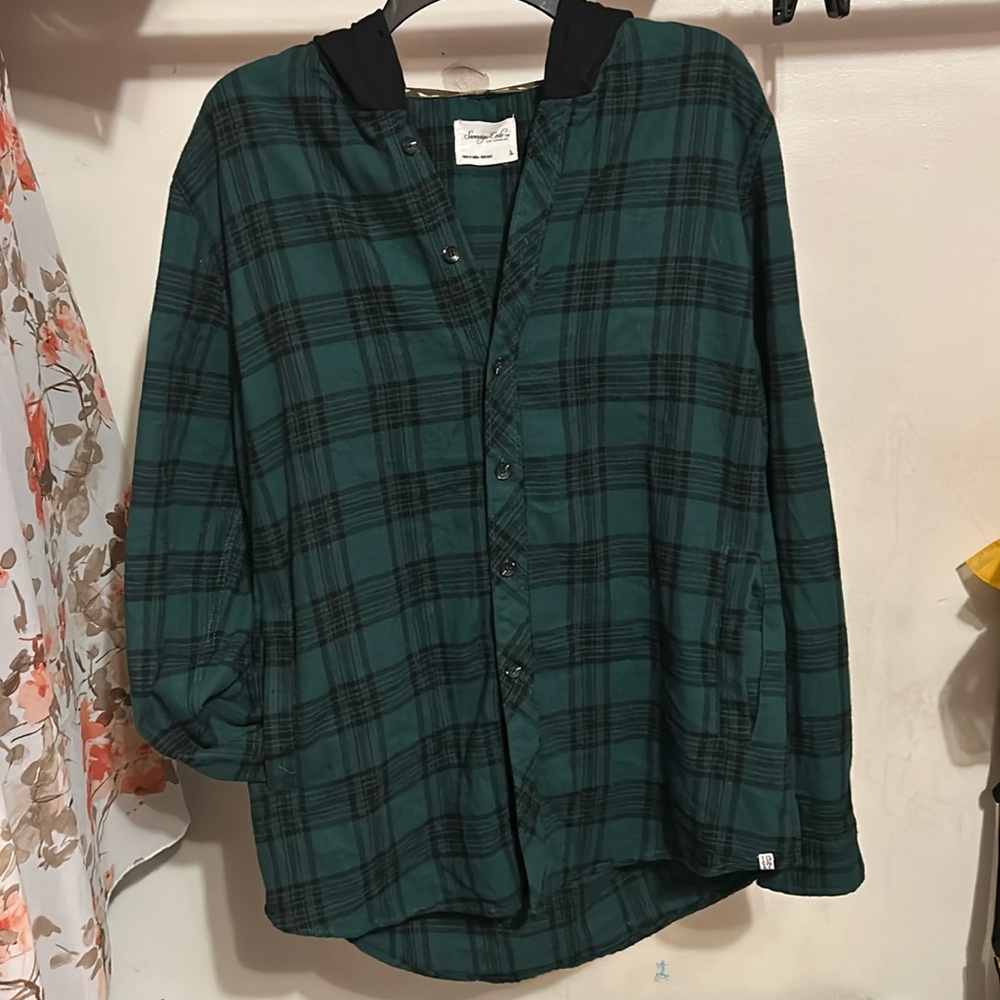 Plaid Green Button Down Shirt W Hoodie and Pockets